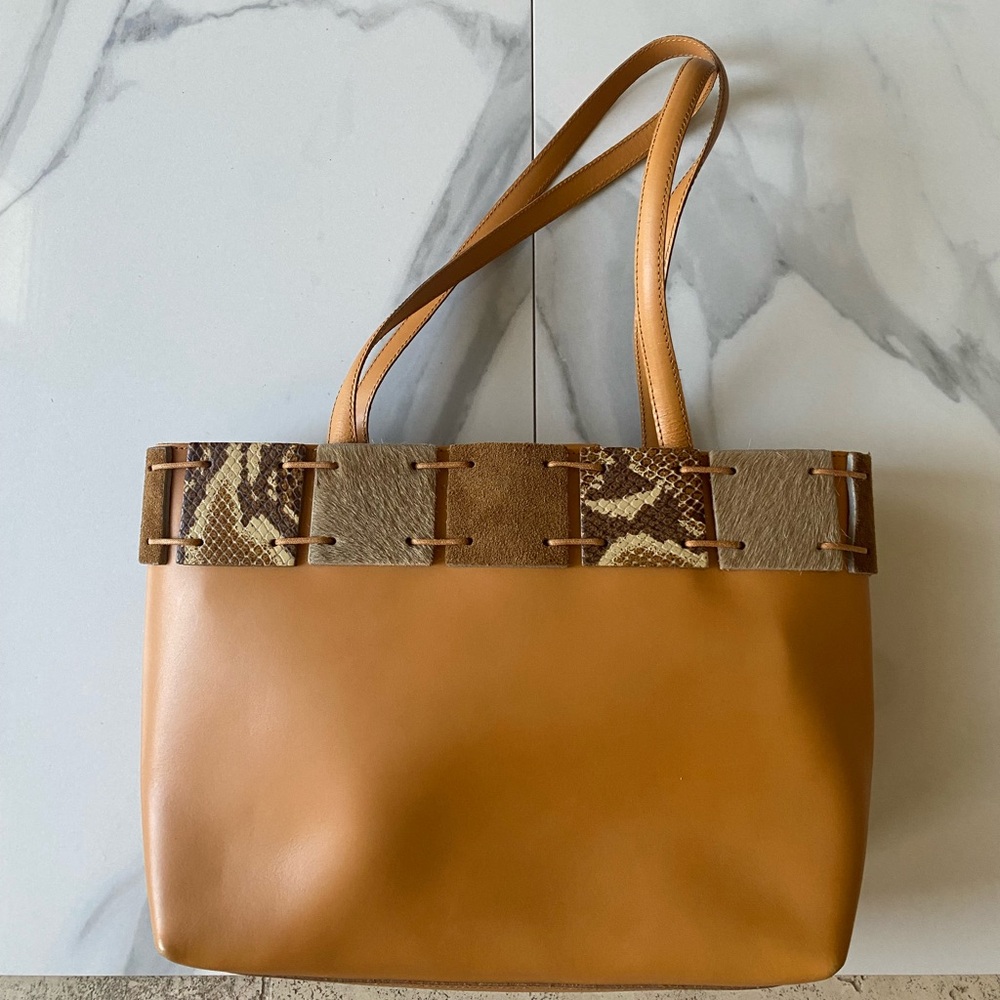 Berge Italian Leather Shoulder Bag Square Accents Neutral Earth Tones